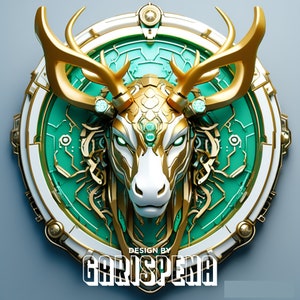 May include: A gold and green circular design with a stylized deer head in the center. The deer has a white face and large, emerald green eyes. The design is surrounded by a white circle with a gold border. The text "DESIGN BY GARISPENA" is at the bottom of the design.