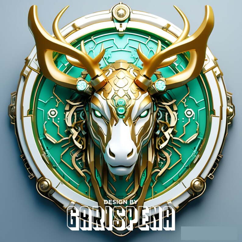 May include: A gold and green circular design with a stylized deer head in the center. The deer has a white face and large, emerald green eyes. The design is surrounded by a white circle with a gold border. The text "DESIGN BY GARISPENA" is at the bottom of the design.