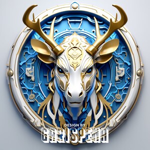 May include: A white and gold deer head sculpture with blue and gold accents. The sculpture is set in a circular frame with a geometric design. The text "DESIGN BY GORISPENU" is at the bottom of the frame.