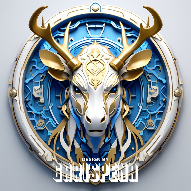 May include: A white and gold deer head sculpture with blue and gold accents. The sculpture is set in a circular frame with a geometric design. The text "DESIGN BY GORISPENU" is at the bottom of the frame.
