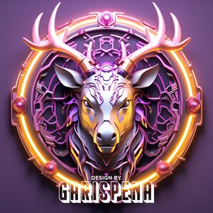 May include: A 3D rendering of a deer head with glowing antlers, set in a circular frame with a pink and purple geometric design. The text "DESIGN BY CHRISPENIA" is at the bottom of the image.