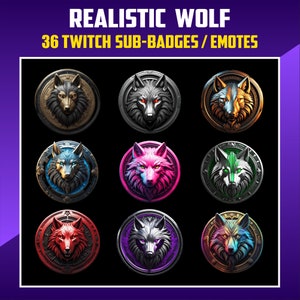 Puede incluir: Conjunto de 36 insignias o emoticonos de suscripción de Twitch que presentan una cabeza de lobo realista en varios colores y diseños. La cabeza de lobo se representa en un marco circular con fondos y acentos de diferentes colores.