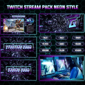 Cyberpunk Purple Cyan Neon, Glitch, Retro Twitch Overlays Stream Package - PNG format