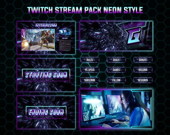 Peut inclure: Un pack de diffusion Twitch avec un design de style néon. Le pack comprend divers éléments, tels qu'un écran d'intermission, un écran de début imminent, un écran de fin imminente et un ensemble de boutons pour les règles, les objectifs, les dons, les spécifications PC, les jeux, la discorde, l'abonnement, le suivi et le concepteur. Le pack comprend également une image de fond avec un logo G néon et un joueur jouant à un jeu vidéo.