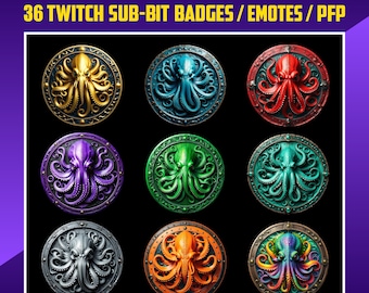 Kraken Twitch Sub Badges, Sub Bit Badges for Streamers, Kick, VTuber, Avatars, Emote, Clipart, Transparent PNG