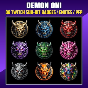 Może przedstawiać: Dziewięć różnych wzorów głów demona oni w kształcie koła w różnych kolorach, w tym złoto, niebieski, czerwony, fioletowy, zielony, różowy, szary, pomarańczowy i tęcza. Głowy demona oni mają rogi, kły i gniewne wyrazy twarzy. 36 odznak/emotek/PFP Twitch Sub-Bit.