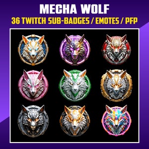 May include: A set of 9 digital badges featuring a wolf head with a futuristic, mechanical design. The wolf heads are in different colour combinations, including red, white, blue, gold, green, pink, and purple.