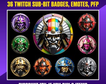 Insignias de Twitch de Samurai: Insignias de suscripción y bits, emoticonos (descarga digital PNG)