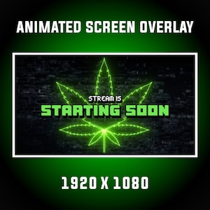 Puede incluir: Superposición de pantalla animada verde con una hoja de marihuana verde neón y el texto "STREAM IS STARTING SOON" sobre un fondo de ladrillo negro.