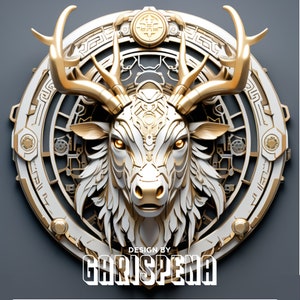 May include: A gold and white 3D rendering of a deer head with intricate details. The deer head is surrounded by a circular design with geometric patterns. The text "DESIGN BY CHRISPENQ" is at the bottom of the image.