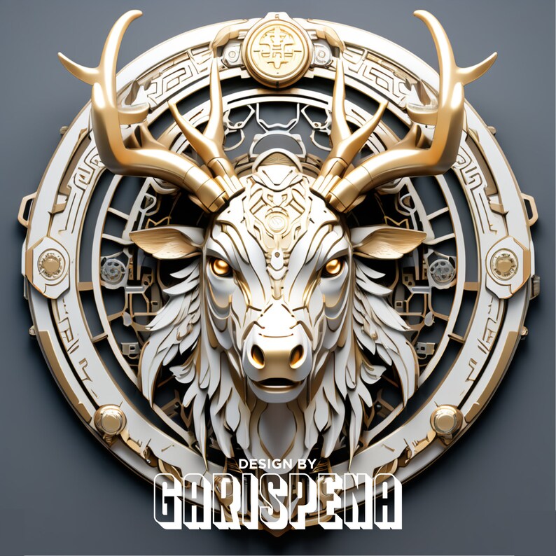 May include: A gold and white 3D rendering of a deer head with intricate details. The deer head is surrounded by a circular design with geometric patterns. The text "DESIGN BY CHRISPENQ" is at the bottom of the image.