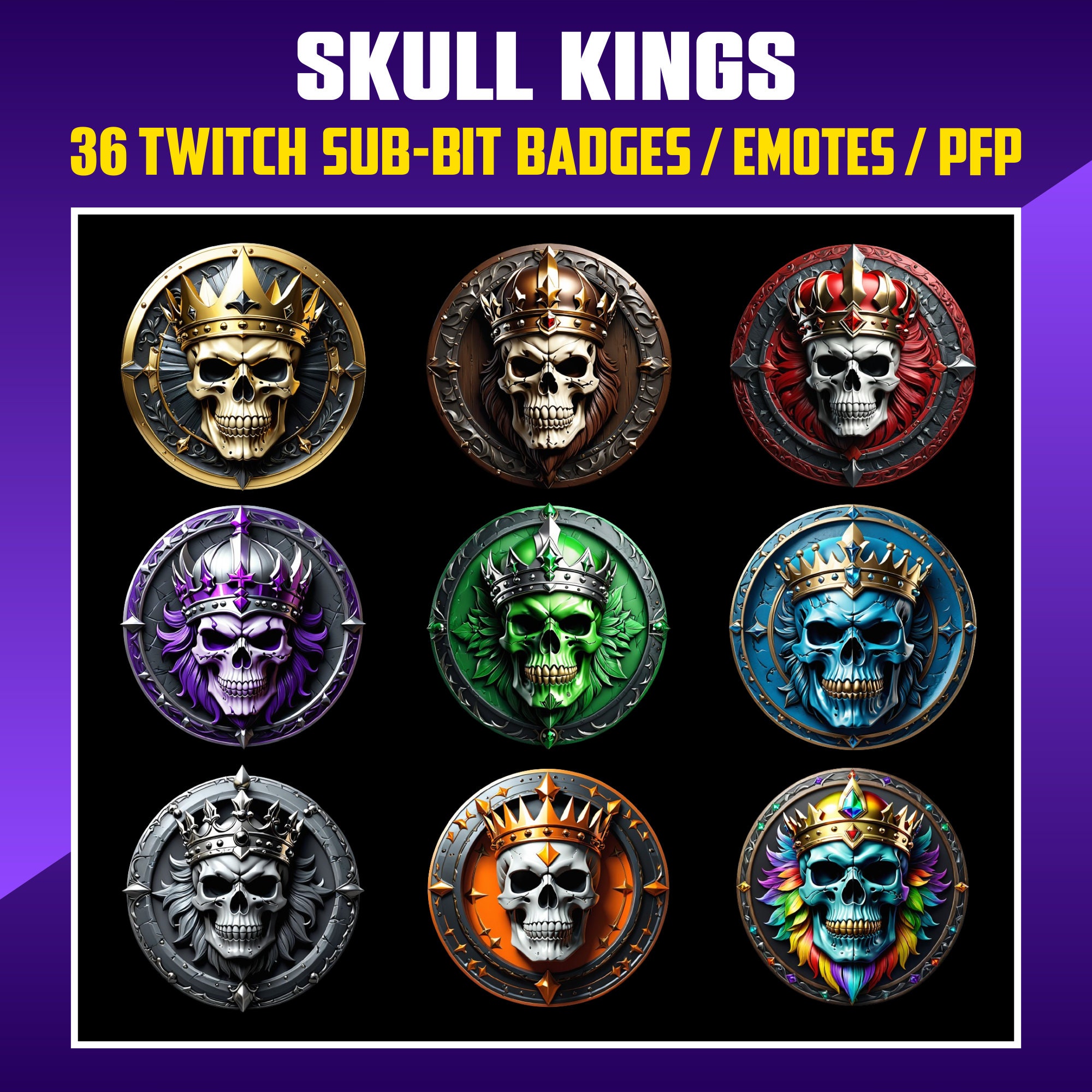 Insignias de suscripción de Twitch de Skull King: emoticonos de streamer, avatares de VTuber (descarga digital PNG)