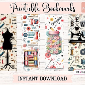 Może przedstawiać: Cztery drukowane zakładki z motywem szycia. Zakładki przedstawiają maszynę do szycia, słoik z guzikami, manekin i szpulki nici. Zakładki są na białym tle z jasnobrązowym wzorem drewna.