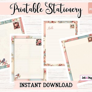 Juego de papelería imprimible con edredones y sellos postales clásicos, papel romántico para escribir cartas con corazones, flores y pájaros, descarga instantánea