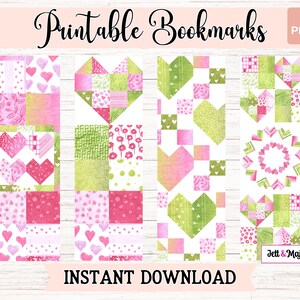 May include: Printable bookmarks featuring a patchwork design with pink and green hearts. The bookmarks are on a white background with a woodgrain texture. The text "Printable Bookmarks" and "Instant Download" are visible on the image.