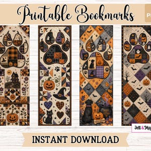 May include: Four printable bookmarks featuring Halloween themes with paw prints, pumpkins, black cats, witches' hats, and haunted houses in a patchwork quilt style. The text includes Printable Bookmarks, PDF, Instant Download, and Jett & Magenta.