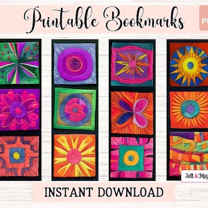 May include: A collection of eight printable bookmarks with colorful, abstract designs. Each bookmark features a unique square pattern in vibrant hues of pink, orange, green, and purple, set against a black background. The text "Printable Bookmarks" and "Instant Download" are displayed.