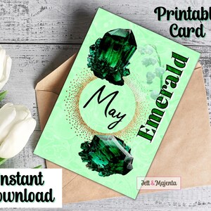 Mei verjaardagskaart downloaden, Emerald Birthstone, afdrukbare Crystal Card, lege notitiekaart, Lily of the Valley geboortemaand bloemenkaart voor haar