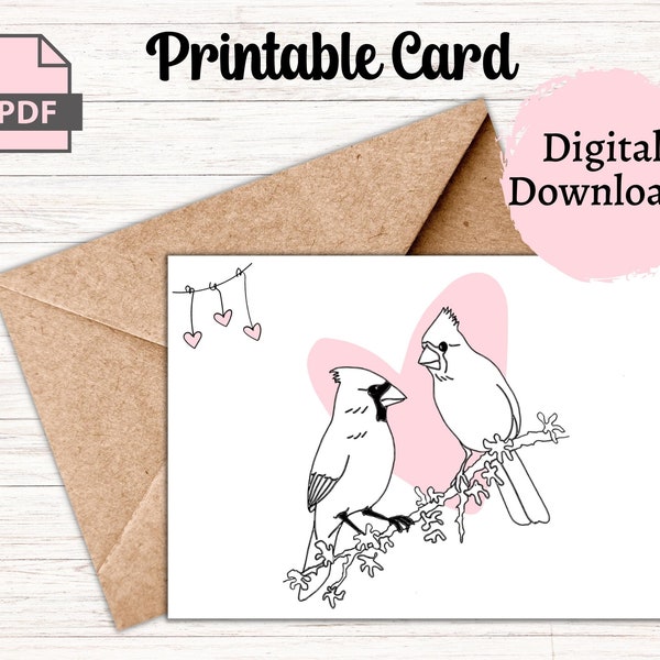 Cardinal Line Art Digital Download Greeting Card | Pair of Cardinals Minimalist  Blank Card | Printable Card for Anniversary and Love Notes