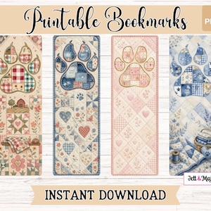 May include: Four printable bookmarks featuring quilt-inspired patterns with paw print motifs. Designs include red and green farm scenes, blue and white hearts, pink floral patterns, and blue sewing themes with baskets and thread spools. Text reads Printable Bookmarks, PDF, Instant Download, and Jett & Magenta.