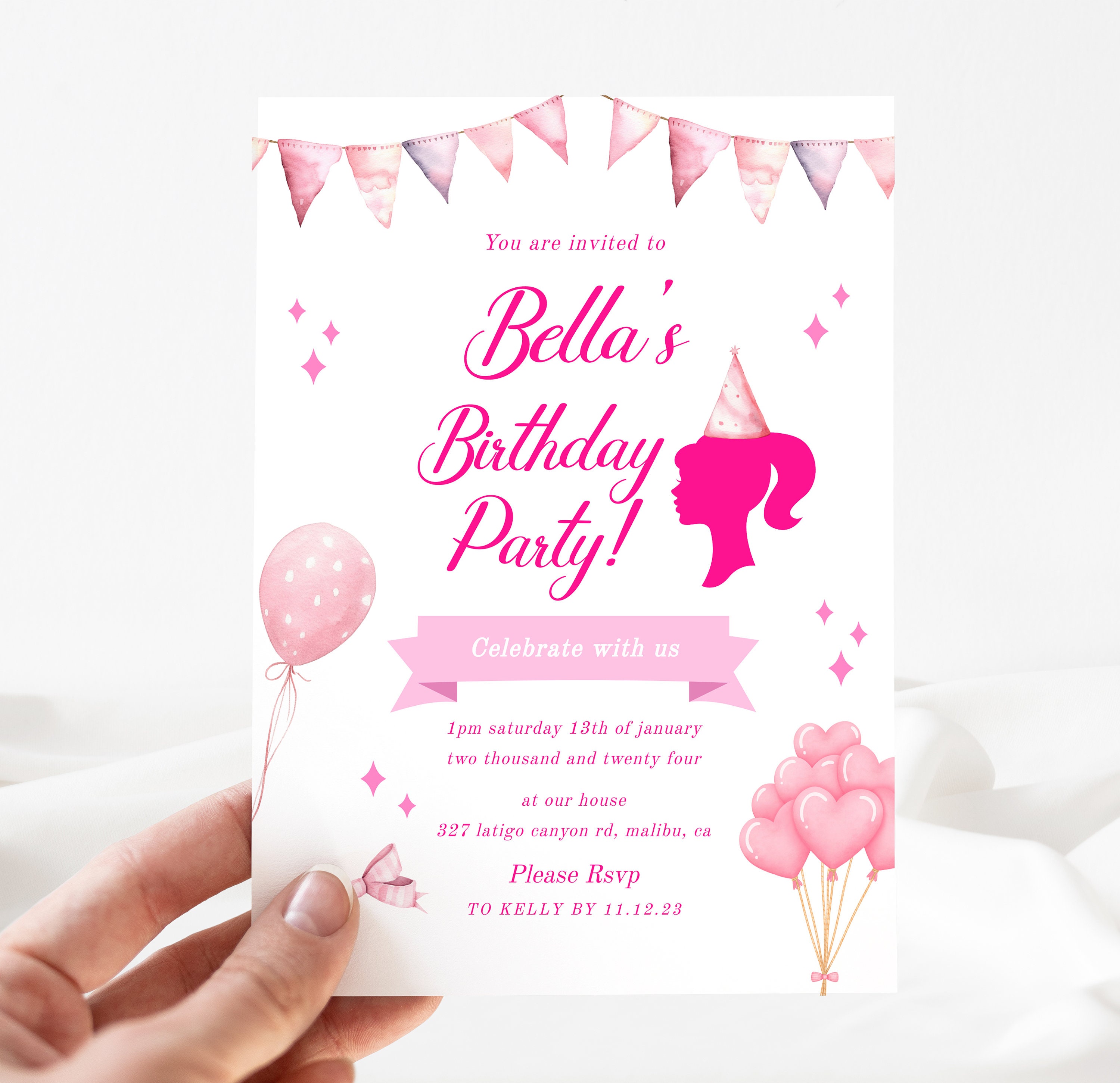 Doll Party Invitation, Doll Birthday Party, Hot Pink Birthday