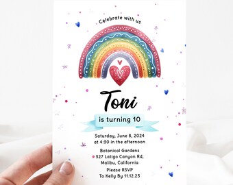 May include: A colorful rainbow birthday invitation with a heart at the center. The invitation is for Toni's 10th birthday party. The party will be held at Botanical Gardens on Saturday, June 8, 2024 at 4:30 in the afternoon. The address is 327 Latigo Canyon Rd, Malibu, California. Please RSVP to Kelly by 11.12.23.