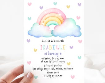 May include: A pastel rainbow birthday invitation with clouds and hearts. The invitation says "Join us to celebrate Isabelle is turning 4. Saturday, June 8, 2024 at 4:50 in the afternoon. Botanical gardens 527 Latigo canyon Rd, Malibu, california. Please RSVP to Kelly By 11.19.98"