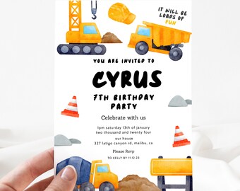 Construction Invitation, Editable Construction Invitation, Editable Construction Party Invitation, Edit Yourself, 7th Construction Invite