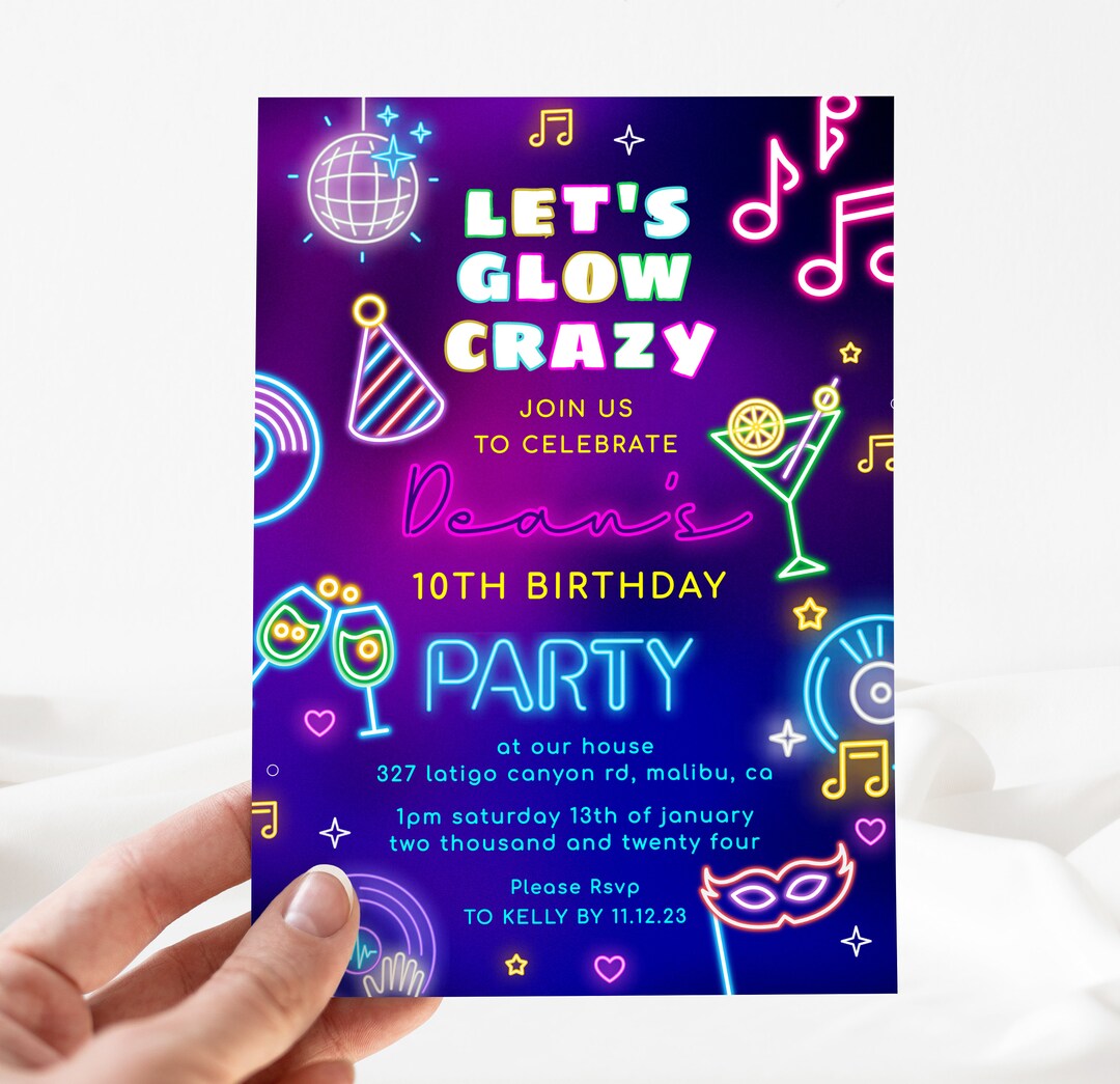 Neon Party Invitation, Neon 10th Birthday Invite, Neon Light Birthday