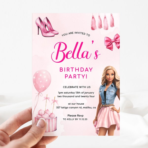 Doll Party Invitation, Doll Birthday Party, Hot Pink Birthday Party Invitation, Pink Doll Birthday Invitation, Doll Invitation[ id:22053928]