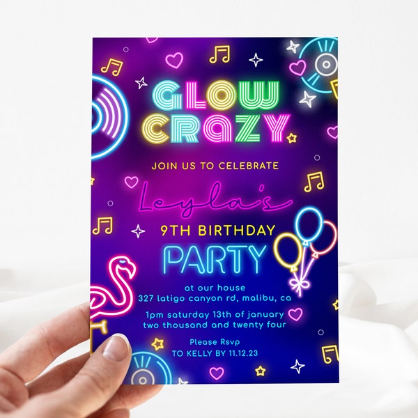 Neon Party Invitation, Neon 9th Birthday Invite, Neon Light Birthday Invitation, Editable Birthday Invite, Edit Yourself [id: 22697235]