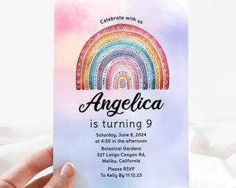 May include: A colourful rainbow birthday invitation with a watercolour background. The invitation says "Celebrate with us" and "Angelica is turning 9". The invitation includes the date, time, location, and RSVP information.