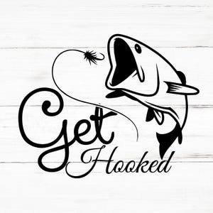 May include: Black and white illustration of a fish with its mouth open, as if it is about to bite a fishing lure. The text "Get Hooked" is written below the fish.