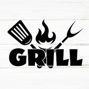 Op de afbeelding: Zwart-wit grafisch ontwerp van een grill met een spatel, tang en vlammen. Het woord "GRILL" is in vetgedrukte letters geschreven.