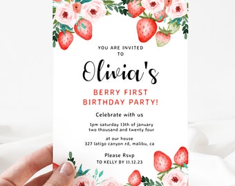 Invitación editable de Berry, invitación digital de Berry, invitación editable digital, invitaciones de cumpleaños editables, invitaciones Templettt [id: 22016053]