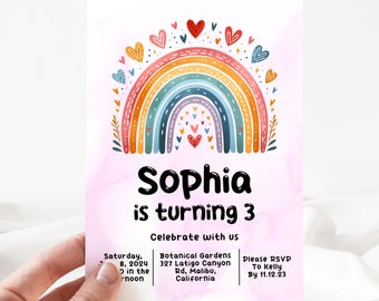 May include: A pink and white invitation with a rainbow and hearts. The text reads "Sophia is turning 3. Celebrate with us. Saturday, 8, 2024 in the afternoon. Botanical Gardens 327 Latigo Canyon Rd, Malibu, California. Please RSVP to Kelly by 11.12.23"