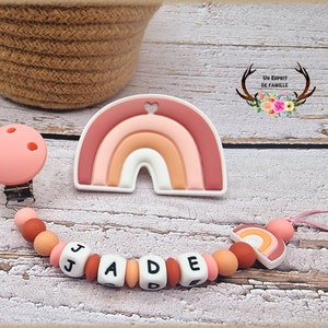 Personalized Rainbow themed pacifier clip, rattle, birth gift, babyshower