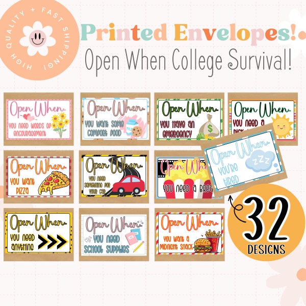 Open When College Survival Envelopes | College Care Package | Open When Labels Printed