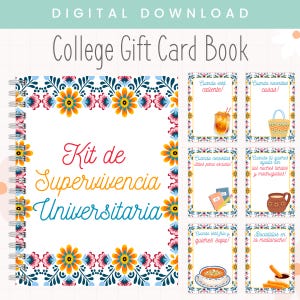 Peut inclure: Téléchargement numérique d'un carnet de cartes-cadeaux pour étudiants. La couverture présente le texte "Kit de Supervivencia Universitaria" en rouge et bleu, entouré d'une bordure florale. Pages supplémentaires avec des idées de cartes-cadeaux.