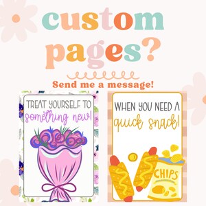 May include: Two printable cards with floral and food illustrations. The first card has a pink bouquet of flowers and the text "Treat yourself to something new!" The second card has a hot dog and chips and the text "When you need a quick snack!"