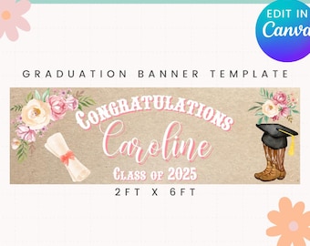 Plantilla editable de pancarta de graduación / Pancarta floral / Decoración para fiesta de graduación / Pancarta floral de graduación / Pancarta de graduación rosa para niña