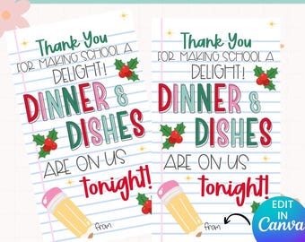 Peut inclure: Téléchargement numérique de deux cartes imprimables identiques. Chaque carte a un fond de papier ligné avec le texte "Merci d'avoir fait de l'école un délice ! Dîner et vaisselle sont pour nous ce soir !" avec des accents de houx et un crayon.