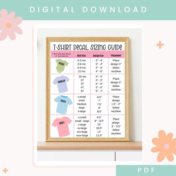Printable HTV Sizing Chart Cricut Cheat Sheet Decal Size Guide  Printable T-Shirt Decal Sizing Guide PDF File