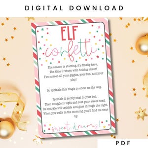 May include: A rectangular digital download card featuring a candy cane striped border in red, white, and green. The text reads: ELF confetti, The season is starting, it's finally here, The time I return with holiday cheer! sweet dreams!