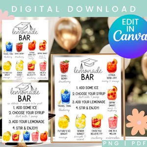 Editable Graduation Party Lemonade Bar Menu | Lemonade Bar Sign Printable | Lemonade bar Mocktail Print | Grad Party Drink Station PNG PDF