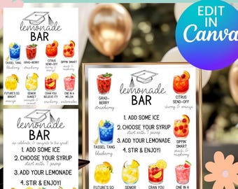 Editable Graduation Party Lemonade Bar Menu | Lemonade Bar Sign Printable | Lemonade bar Mocktail Print | Grad Party Drink Station PNG PDF