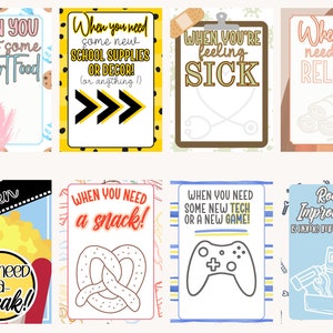 May include: Eight colorful printable gift cards with different themes. The cards feature text such as "When you want some comfort food", "When you need some new school supplies or decor", "When you're feeling sick", "When you need to relax", "When you need a snack", "When you need some new tech or a new game", and "Room Improvement is home improvement".