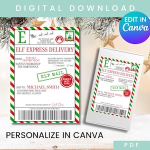 May include: Digital download featuring an Elf Express Delivery package design. The design includes text such as "Elf Express Delivery," "Elf Mail," and "Handle with Care." The package is addressed to Michael Smith, 1234 Christmas Tree Lane, Los Angeles, CA 90210.