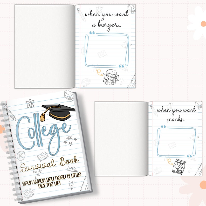 May include: A college survival book with a blue and white cover. The cover has a graduation cap, the word "College" in blue, and the text "Survival Book" in black. The book has a spiral binding and is open to a page with a blank space for writing.
