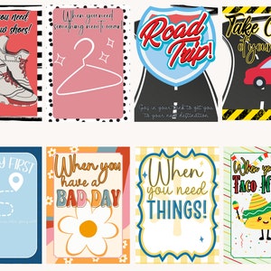 May include: Eight colorful cards with different designs and text. The cards have a white background with black borders. The text on the cards includes "When you need some new shoes!" "When you need something new to wear!" "Road Trip!" "Take Care of your car!" "Safety First" "When you have a bad day" "When you need things!" and "When you want Taco Night!"